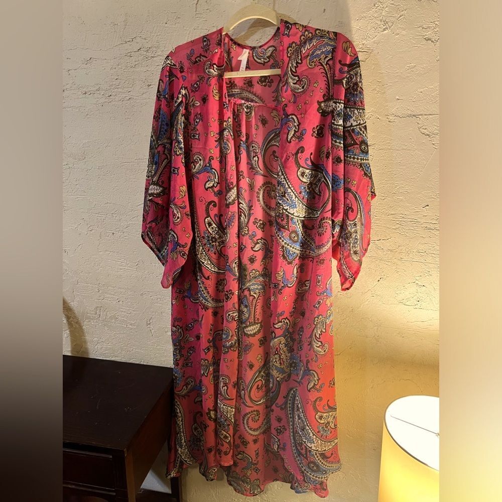 Bohemian style long jacket sheer, pink w/paisley detail golds&blue accents L-XL